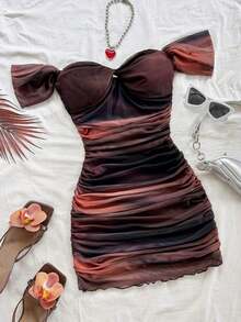 Vestido mini ajustado de punto con escote de hombros descubiertos, para vacaciones - Marrón 2 - Ver 8