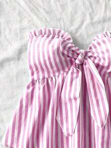 Top tubo con volantes y nudo delantero con estampado de rayas y bloques de color para vacaciones de verano en la playa de mujer - Rosa - Ver 4