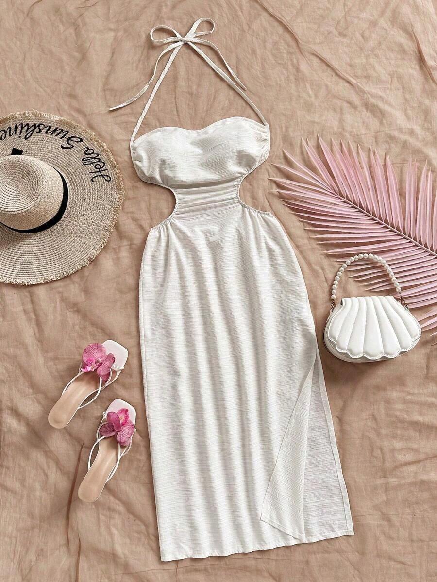 Vestido largo con espalda calada y lazo, cuello drapeado, lazo en la cintura, abertura alta, adecuado para vacaciones, festivales de música, estilo bohemio, vacaciones, citas, té de la tarde - Beis - Ver 1