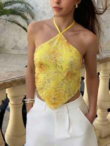 Top halter con espalda descubierta y lentejuelas sexy para mujer, ideal para verano, vacaciones en la playa, estilo bohemio, tropical, conciertos, festivales, country, Ibiza, Nashville, estilo occidental, boho, streetwear, gyaru - Amarillo - Ver 7