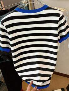 Camiseta de mujer de manga corta, cuello redondo, estampado de letras y rayas, informal, para verano - Multicolor 7 - Ver 2