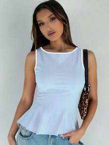 1 pieza Blusa informal de tejido de punto con volante y unicolor, apropiada para el verano - Azul cielo y blanco - Ver 1