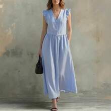 Vestido midi de mujer elegante y casual con cuello en V tres botones y bolsillos  y  caliente - Azul - Ver 6