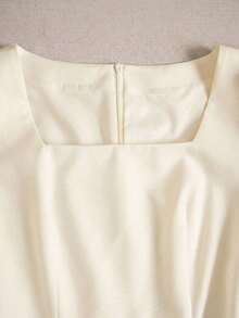 Vestido de mujer con cuello de perlas, manga corta, cuello cuadrado, casual, silueta esbelta tipo A, elegante, unicolor, adecuado para banquetes, fiestas de cumpleaños, uso en verano y otoño, diario, oficina, calle, azul marino - Albaricoque - Ver 8