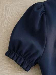 Vestido casual de línea A de manga corta con cuello cuadrado y perlas para mujer, de unicolor elegante, adecuado para invitados, banquetes, cumpleaños, fiestas, verano y otoño, citas, ir al trabajo, estilo callejero, azul - Azul marino - Ver 4