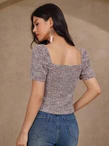 Blusa elegante de mujer de unicolor con jacquard, top tipo babydoll de verano - Rosa - Ver 2