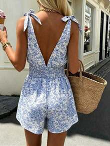 Mono sin mangas con estampado floral, nudo en el hombro y lazo en la cintura para mujer - Azul 2 - Ver 2