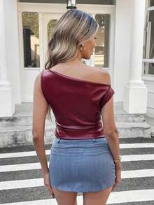 Top para mujer, moda casual de estilo callejero de los 90, primavera y otoño, unicolor, cuello plisado, top de tanque de PU sin mangas, adecuado para salir y fiestas - Rojo - Ver 6