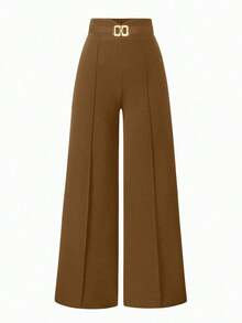 Pantalones informales de pierna ancha de unicolor para mujer - Caqui 2 - Ver 7