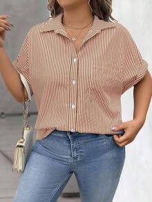 Vionelle Blusa casual de talla grande para mujer con estampado de rayas azul y blanco, de manga corta y abotonada, para el verano - Caqui - Ver 5