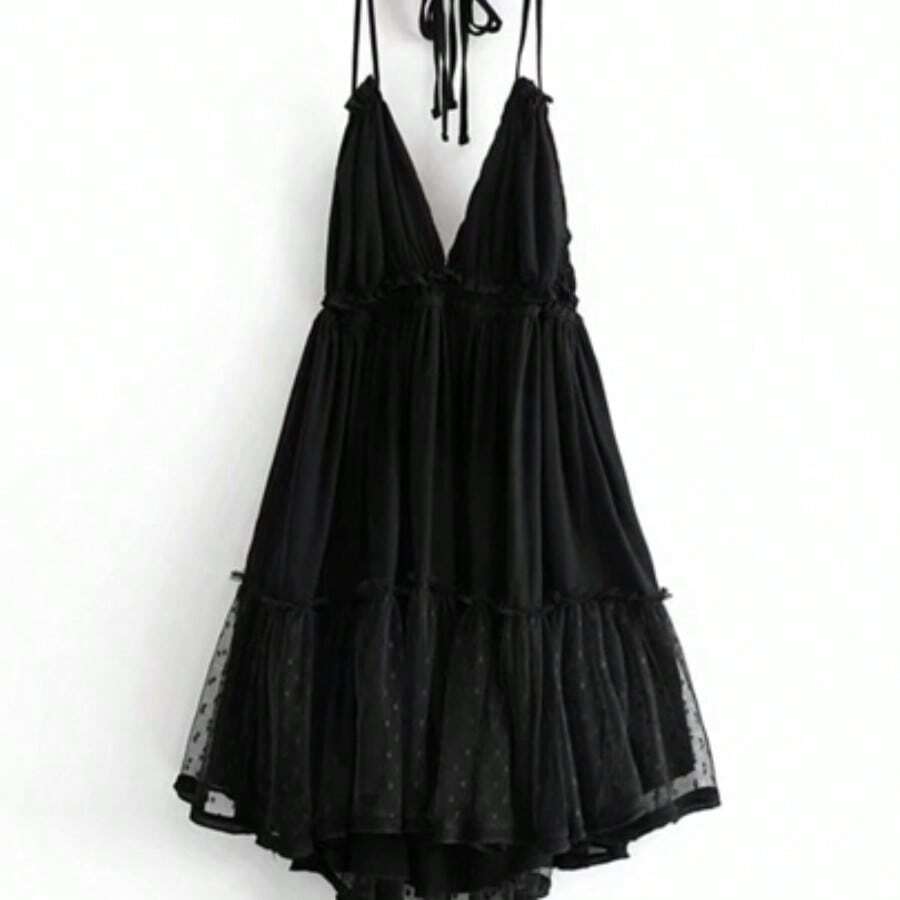 Dobby Mesh Self-Tie Ruffled Halter Dress - Negro - Ver 1