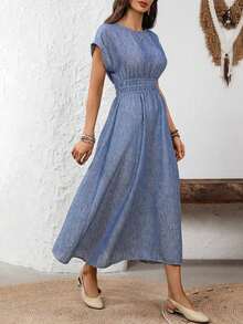 casual de mujer con cuello redondo y mangas tipo murciélago con estampado total - Azul marino - Ver 8