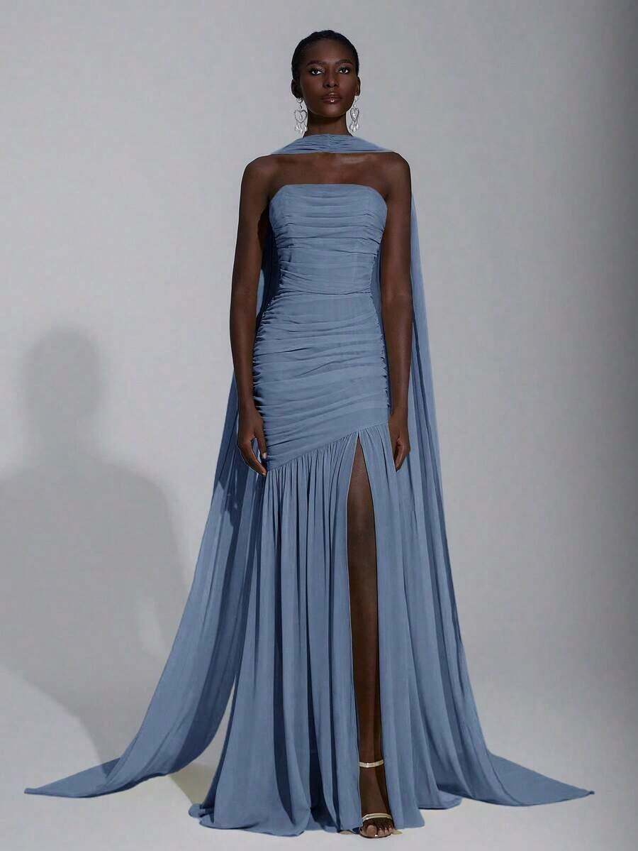 Elegante vestido de gasa de color crema amarillo, sencillo y elegante, con cuello halter (lentejuelas desmontables), busto fruncido, bajo de malla transparente y cola de pez, adecuado para citas, vacaciones, bodas y eventos de damas de honor - Niebla azul - Ver 1