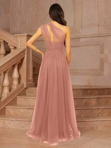 Vestido formal largo para dama de honor, invitada de boda, evento, verano, San Valentín, cumpleaños, con cuello cruzado asimétrico de un hombro, espalda descubierta, falda de tul en línea A, vestidos de mujer para otoño, regreso a clases, fiesta de bienvenida, cumpleaños, primavera elegante - Rosa coral - Ver 2