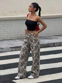 Jeans casuales sueltos, cómodos y transpirables con estampado de leopardo, estilo Y2K para mujer - Café integral 2 - Ver 4