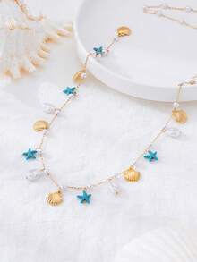 1 pieza Cadena para la cintura con estilo de vacaciones de la serie Océano, con estrella de mar, perla falsa y concha para mujeres - Amarillo Oro - Ver 3