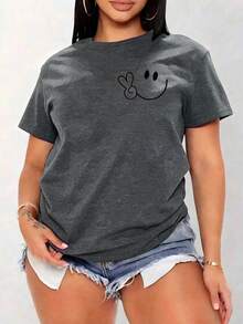 Women's Oversized Red Summer T-Shirt With  Face And Peace Sign Print. Casual Red Short-Sleeved T-Shirt With  Face, Ideal For Cool Summer Looks. - YH463-灰色 - 查看 1