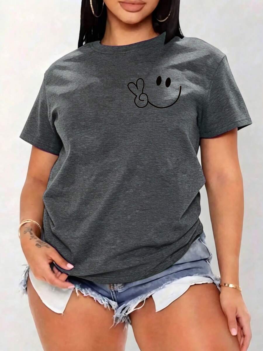 Women's Oversized Red Summer T-Shirt With Face And Peace Sign Print. Casual Red Short-Sleeved T-Shirt With Face, Ideal For Cool Summer Looks. - YH463-灰色 - 查看 1