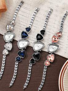 1 buah Jam Tangan Gelang Segitiga Wanita, Jam Tangan Analog Quartz dengan Dial Segitiga Asimetris Bertatahkan Kristal Warna Champagne, Cocok untuk Acara Sehari-hari dan Pesta - Putih - View 6