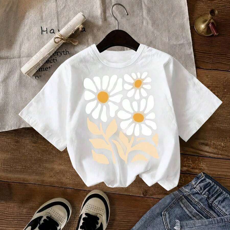 Camiseta con Estampado de Flores Vintage, Camiseta de Verano para Niñas, Camiseta de Manga Corta con Cuello Redondo, Suave, Elástica y Cómoda, Tops de Verano a la Moda - Blanco - Ver 1
