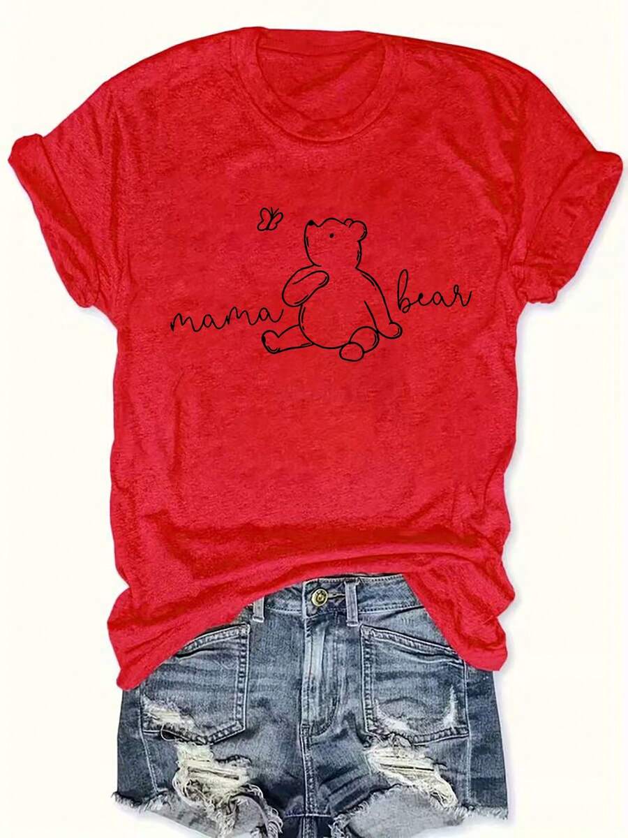 Mexican Plus Size - Plus Size - Women's Summer Short Sleeve T-Shirt With Mama Bear And Cub Print, Fashionable Casual Printed T-Shirt, Stylish Women's Clothing, Fashionable Summer Cotton T-Shirt - 紅色 - 查看 1