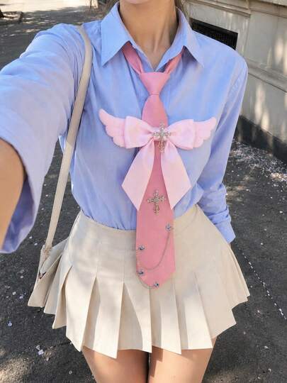 1pc Women's Casual Angel Wings Bow Cross Decor Chain Adjustable Tie, Suitable For School, Dating, Casual Wear
