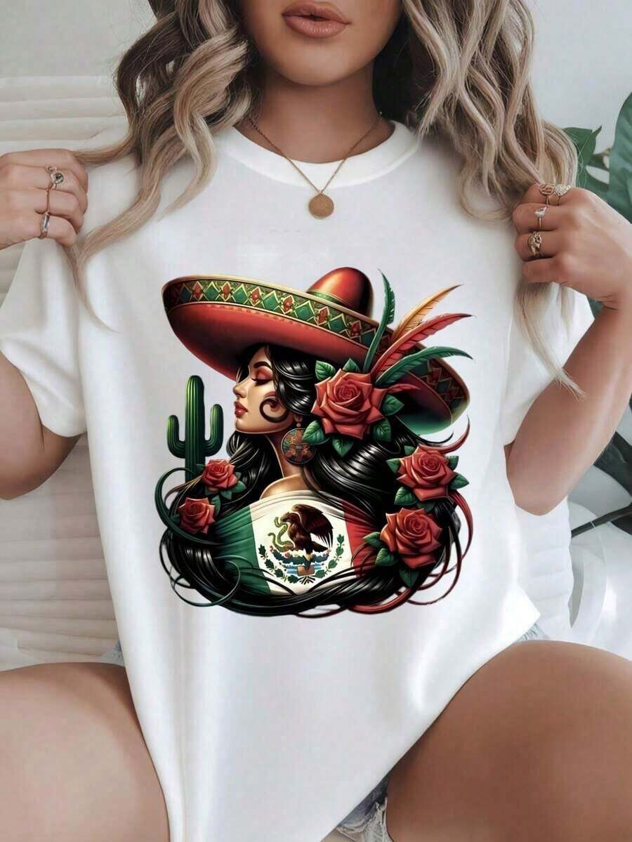 Camiseta Casual de Mujer con Estampado de Mujer Mexicana Vintage con Sombrero y Rosas, Adecuada para Todas las Temporadas  
 BlackFashion - Blanco - Ver 1