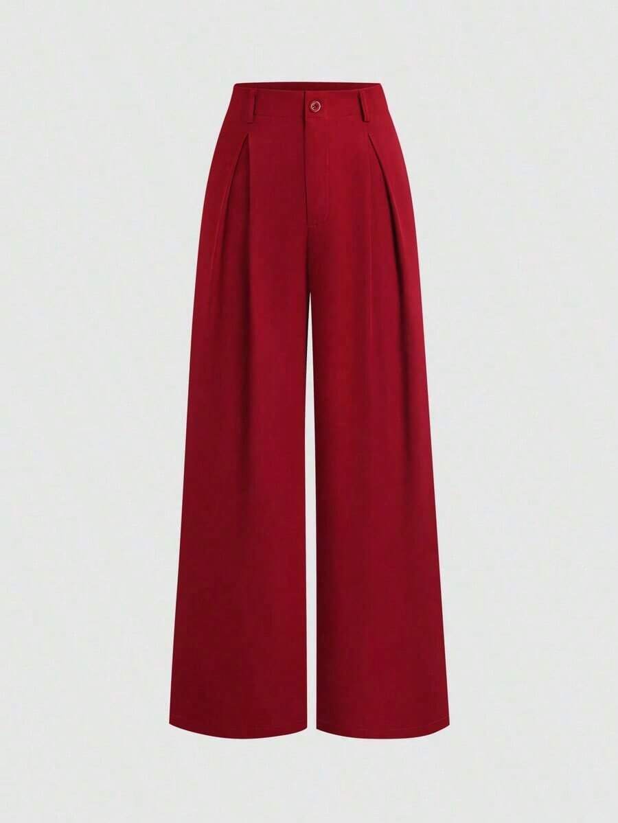 Pantalones anchos plegados con estampado jacquard elegante vintage para mujer, otoño/invierno - Rojo - Ver 1