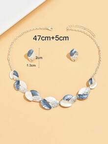 1 pieza Collar y 1 pieza de Aretes Conjunto de joyas de mujer con hojas de metal de lujo y diseño creativo - plata azul - Ver 3