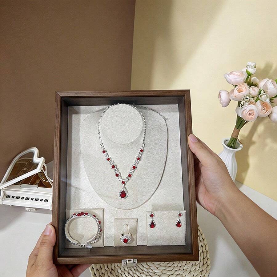 高端珠宝展示收纳盒套装,包含项链、手链、戒指架,适用于婚礼、订婚、新娘礼物,黄金首饰盒,大容量,抗氧化 - 胡桃木紋色 - 查看 1