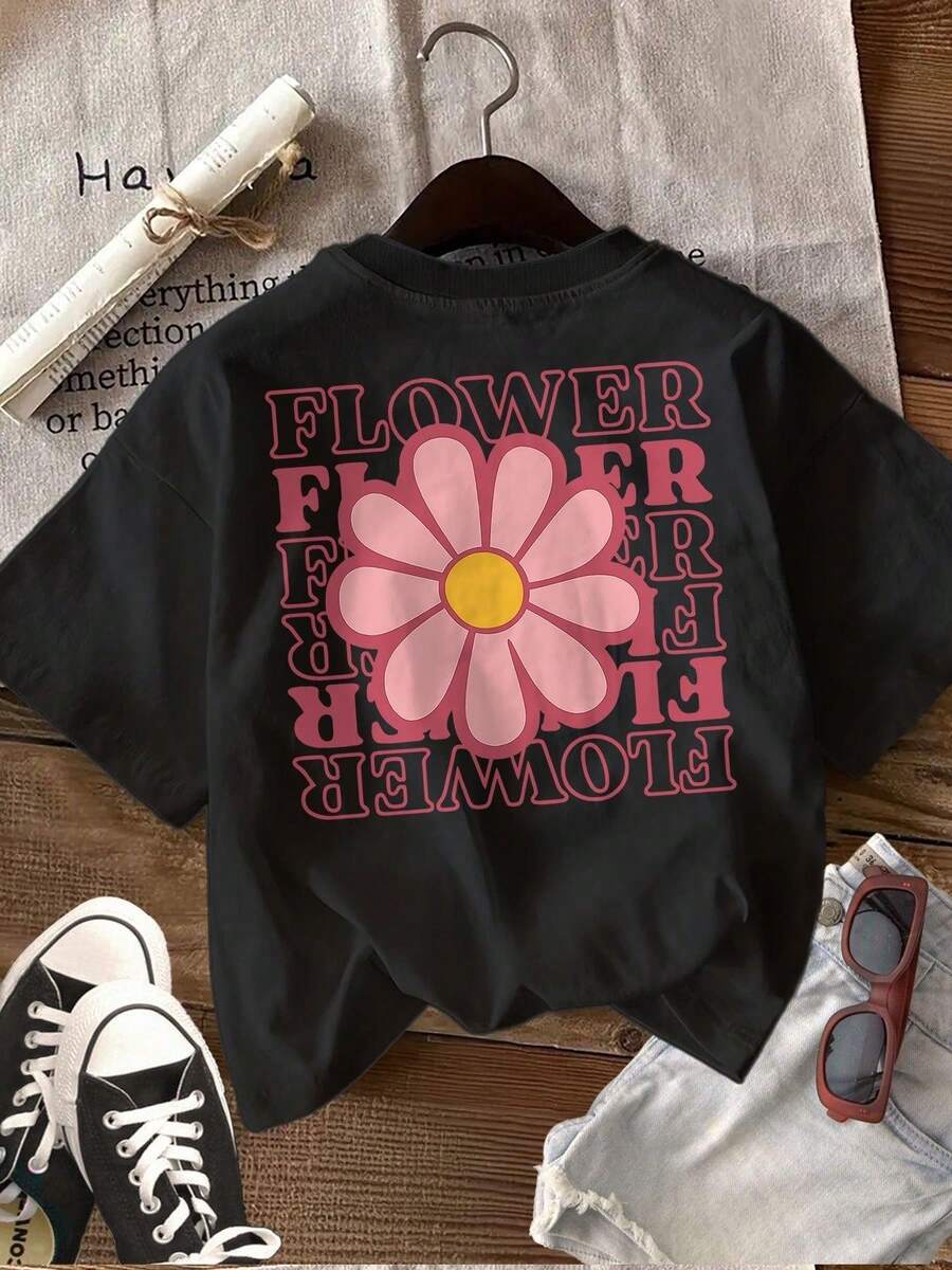 Women's Reversible Summer Casual Printed T-Shirt, Vintage Style, Floral And Text Designs, Round Neck, Short Sleeves - Unisex Loose Cotton Short-Sleeved Round Neck Urban Vintage Style T-Shirt, Blouses For Women. Casual Blouses For Ladies. - 黑色 - 查看 1