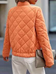 LUNE Chaqueta casual de uso diario popular con cremallera, manga larga, bolsillo y textura de patrón de diamante para mujer - Naranja Coral - Ver 3