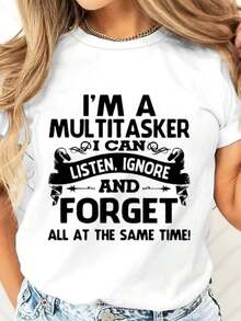Camiseta Casual de Manga Corta con Estampado Divertido "Soy Multitarea, Puedo Escuchar, Ignorar y Olvidar Todo al Mismo Tiempo" para Mujer, Uso Diario, Oficina, Regalo con Humor, Camiseta de Verano - Blanco - Ver 1