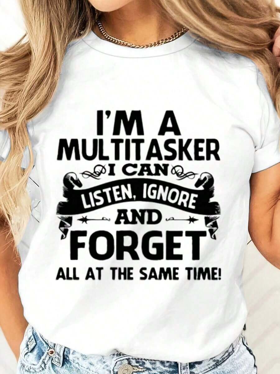 Camiseta Casual de Manga Corta con Estampado Divertido "Soy Multitarea, Puedo Escuchar, Ignorar y Olvidar Todo al Mismo Tiempo" para Mujer, Uso Diario, Oficina, Regalo con Humor, Camiseta de Verano - Blanco - Ver 1