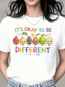 Women's Vintage Short Sleeve T-Shirt "It's Okay To Be Different" With Fruit And Vegetable Print For Casual Summer And Spring Wear, Fashionable Everyday Clothes, Cool And Comfortable T-Shirt For Women - 白色 - 查看 7