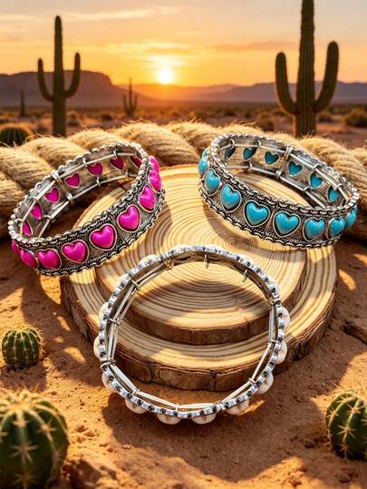 1 Peça Pulseira em Formato de Coração Inspirada no Velho Oeste Americano, com Design de Coração Doce Combinado com Acabamento de Prata Envelhecida Rústica, Criando uma Estética "Doce e Ousada do Oeste", Adequada para Combinar com Looks Country, Vintage Americano e Boho Chic.