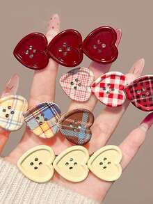 Cute Plaid Heart Decor Hair Clip, Side Bangs Hairpin Accessories For Girls,Hair Claws,Bobby Pin - Multicolor - View 6