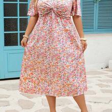 CURVE+ Plus Size Women's Floral Ruffle Short Sleeve Casual Vacation Dress, Summer Clothing - Rosa - Ver 6