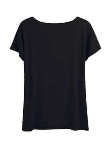 Elegante Top Diario Primavera/Verano 2023, Nuevo Top Casual Holgado de Manga Corta con Cuello Redondo y Estampado de Letras para Mujer - Cómodo y Elegante - Adecuado para Uso Diario y en Casa en Primavera y Verano. - Negro - Ver 2