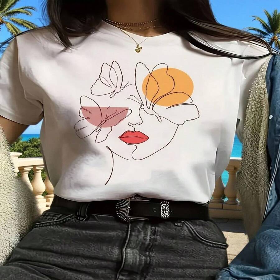 Womens Round Neck Short Sleeve Cotton T-Shirt with Abstract Face and Butterfly Print for Casual Elegant Style - Blanco - Ver 1