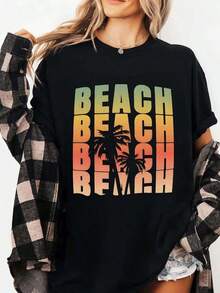 Women's Oversized T-Shirt With Palm Tree Print And Stacked Letters In Gradient Beach, Retro Style For Summer Vacation With Sunset Design, Loose Fit, Short Sleeve, Round Neck, Casual Cotton T-Shirt With 90s Aesthetic, Plus Sizes For Daily Wear, Mexican Fashion Clothing For Women, Cool Summer Clothes. - 黑色 - 查看 6