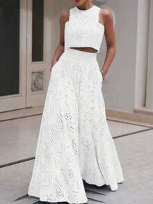 Dresses For WomenWomen 2 Piece Eyelet Skirt Set Sleeveless Hollow  Lace Tank Top Maxi Skirt Fits Night Club Party DressLoose And Comfortablevestidos - 白色 - 查看 8