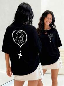 Women's T-Shirt With A Rosary Featuring The Virgin Mary, A Symbol Of Faith And Spiritual Devotion. This 100% Cotton T-Shirt Is A Perfect Gift For Those Seeking Inner Peace And Divine Connection. Comfortable And Lightweight. - 黑色 - 查看 1