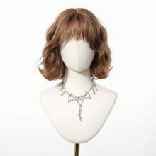 10 Inch Light Brown Wavy Bob Wig With Bangs, Natural Silky Texture Heat Resistant Synthetic Hair, Anti-Tangle Anti-Shedding Breathable Cap, Realistic Look Trending Viral Hairstyle For Daily Wear, Party, And Photoshoot Popular Women Hair Accessory - màu nâu - Xem 12
