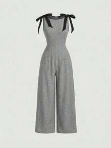 Mono sin mangas de cuello redondo en color caqui con ribetes contrastantes, decoración de lazo, diseño de cintura definida y falda acampanada - Estilo vintage de corte, vibra de dinero antiguo, adecuado para el trabajo, vuelta al colegio, citas, - Gris - Ver 5