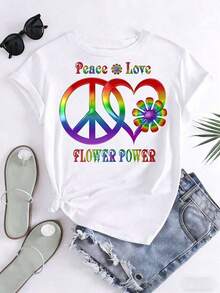 Women's Casual T-Shirt With Graphic Print Of Peace, Love, Flower Power, Rainbow, Peace Symbol And Daisies For Hippie Festival, Summer Clothing, 220g - 白色 - 查看 3