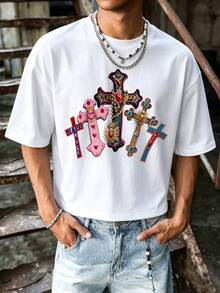Dope | Men's Short Sleeve Round Neck Tee, American Street Cross Print Minimalist Casual Top For Daily Wear - White - View 4