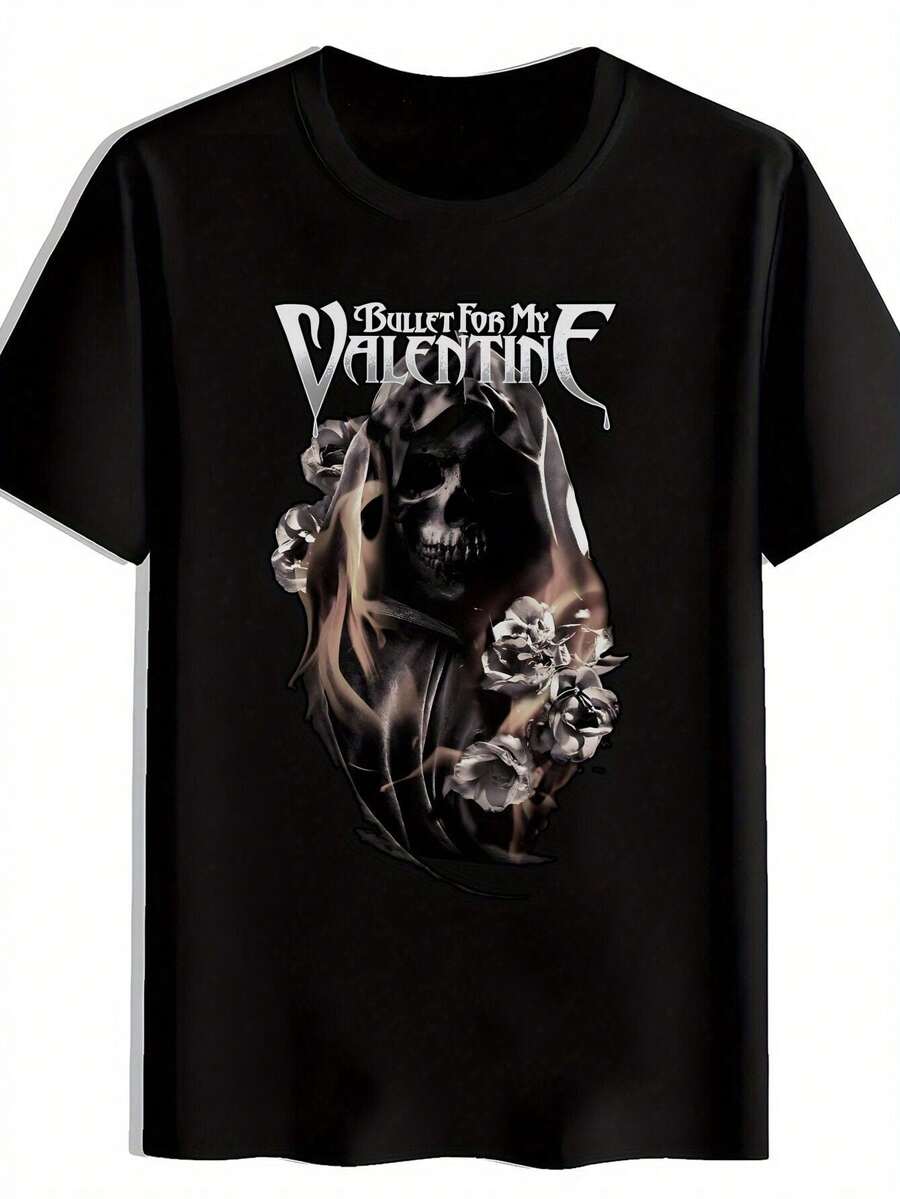 Bullet For My Valentine Band T-Shirt - British Metalcore Rock Music Print Tee, Crew Neck, Short Sleeves, Casual Style, Suitable For Everyday Wear And Concert Merchandise, Machine Washable. A Short-Sleeved Tee Suitable For Home, Daily Wear, Parties, And Travel, Perfect As A Gift For Friends Or Family. - 黑色 - 查看 1
