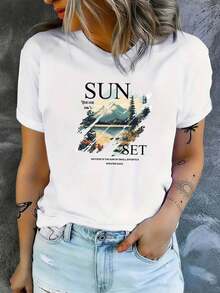 Camiseta de manga corta 100% algodón, diseño estampado informal para mujer, 100% algodón, camiseta lavada, diseño estampado, sin textura, nueva, primavera/verano, cuello redondo, suéter, camiseta con estampado de paisaje de montaña al atardecer, colorida y naturalmente hermosa. ImpresoPatrónCuello RedondoManga cortaCamisetaAdecuadoParaMujeresPrimaveraYVeranoCorrerActividades,Cómodo,Suave,YTranspirable. Camiseta de manga corta con cuello redondo estilo Y2K. Conjuntos de Verano 2026 para Mujer, Ropa Urbana para Mujer, Ropa de Verano con Estilo Caprichoso, Conjuntos de Uso Diario para Mujer, Camisetas de Verano - Blanco - Ver 7