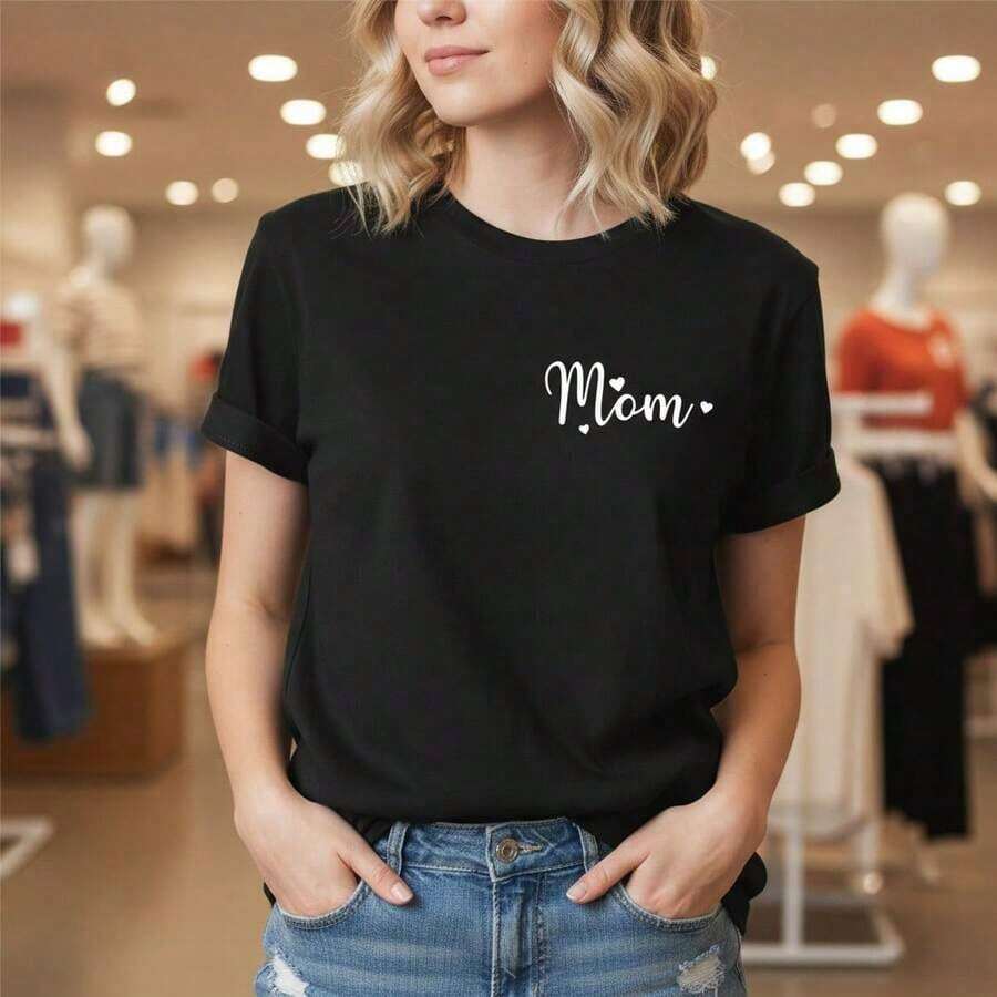 Camiseta de Algodón para Mujer con Estampado de Letras "Mom", Manga Corta, Cuello Redondo, Estilo Casual, Corte Holgado, Camiseta Básica para Uso Diario, Tallas Disponibles de S a 5XL, Camiseta con Gráfico "Mom" en Blanco y Negro, Blusa de Algodón Suave y Cómoda, Regalo Ideal para Madres, Diseño Simple y Moderno - Negro - Ver 1